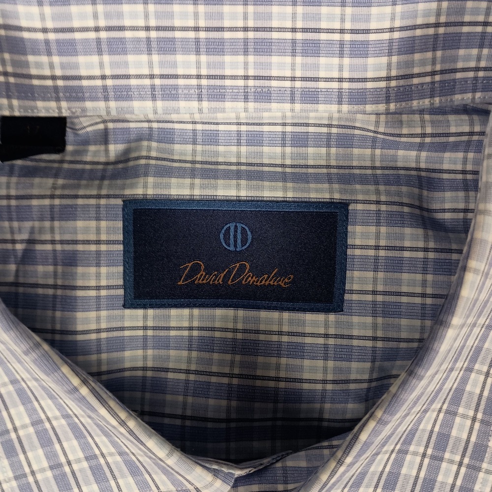 David Donahue 17 32/33 Mens Blue White Plaid Cotton Button Down Dress Shirt - Picture 11 of 11